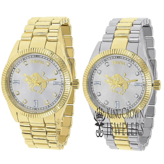 14K Gold Finish Zodiac Sign Taurus Bull Astrology Horoscope 5 ATM Water Resistant Metal Band Presidential Unisex Custom Watch 40mm