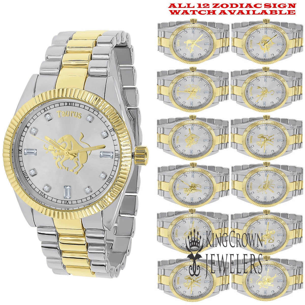 14K Gold Finish Zodiac Sign Taurus Bull Astrology Horoscope 5 ATM Water Resistant Metal Band Presidential Unisex Custom Watch 40mm