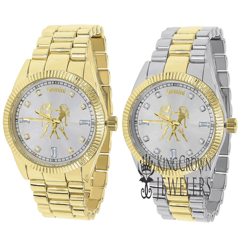 14K Gold Finish Zodiac Sign Gemini Twins Astrology Horoscope 5 ATM Water Resistant Metal Band Presidential Unisex Custom Watch 40mm
