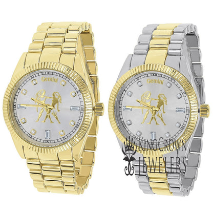 14K Gold Finish Zodiac Sign Gemini Twins Astrology Horoscope 5 ATM Water Resistant Metal Band Presidential Unisex Custom Watch 40mm