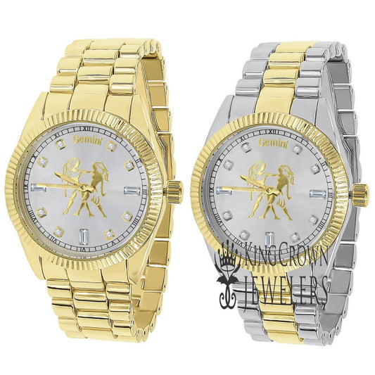 14K Gold Finish Zodiac Sign Gemini Twins Astrology Horoscope 5 ATM Water Resistant Metal Band Presidential Unisex Custom Watch 40mm