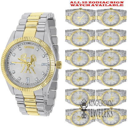 14K Gold Finish Zodiac Sign Gemini Twins Astrology Horoscope 5 ATM Water Resistant Metal Band Presidential Unisex Custom Watch 40mm