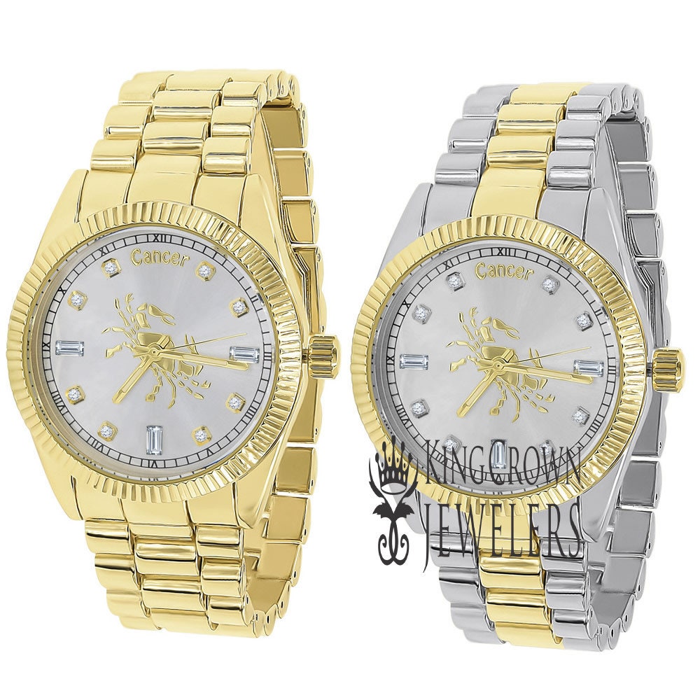 14K Gold Finish Zodiac Sign Cancer Crab Astrology Horoscope 5 ATM Water Resistant Metal Band Presidential Unisex Custom Watch 40mm
