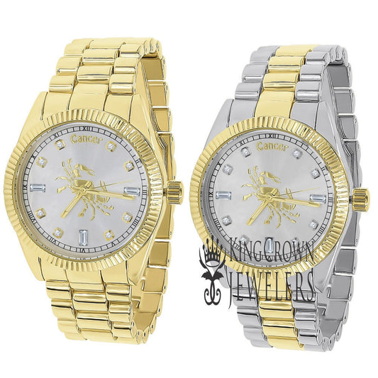 14K Gold Finish Zodiac Sign Cancer Crab Astrology Horoscope 5 ATM Water Resistant Metal Band Presidential Unisex Custom Watch 40mm