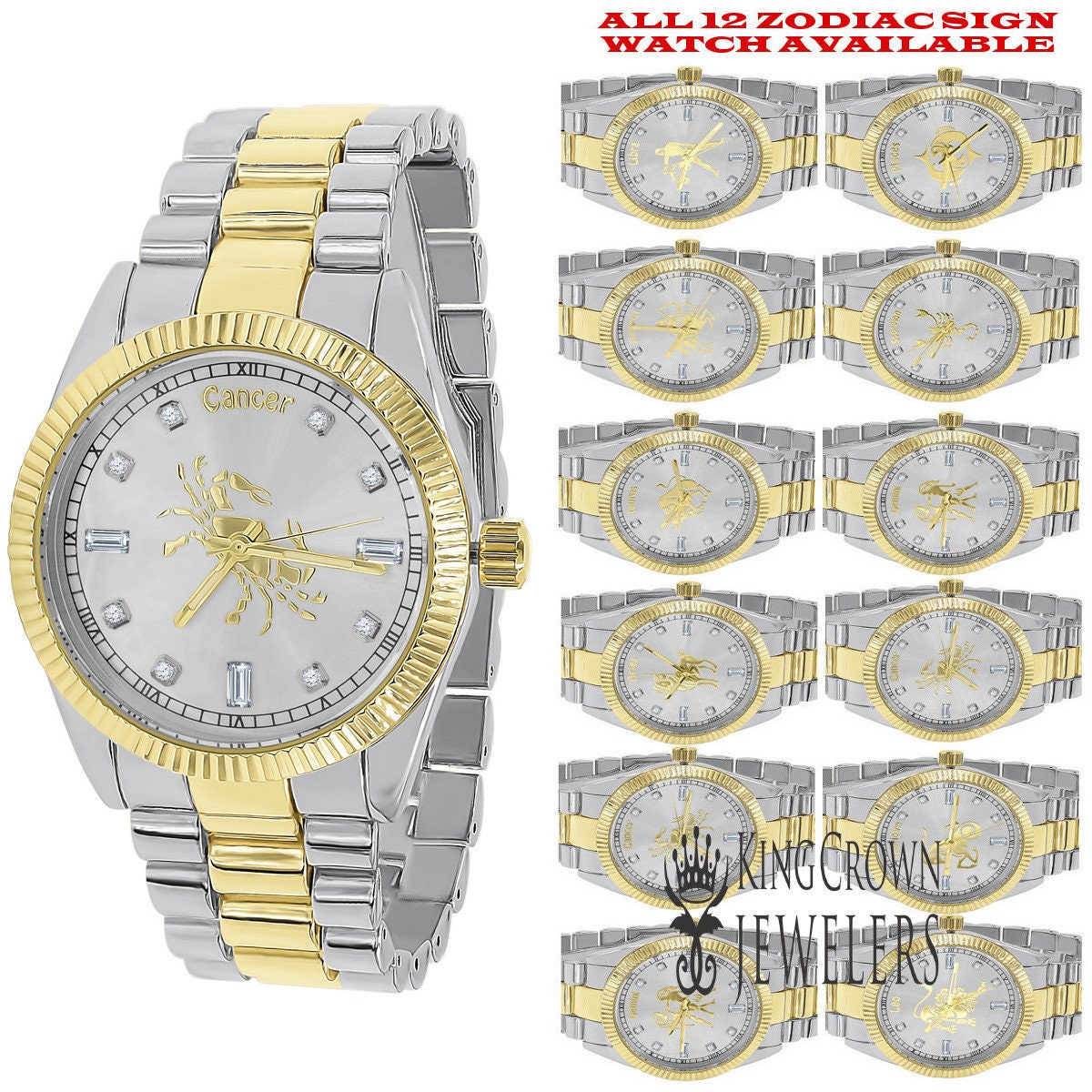 14K Gold Finish Zodiac Sign Cancer Crab Astrology Horoscope 5 ATM Water Resistant Metal Band Presidential Unisex Custom Watch 40mm