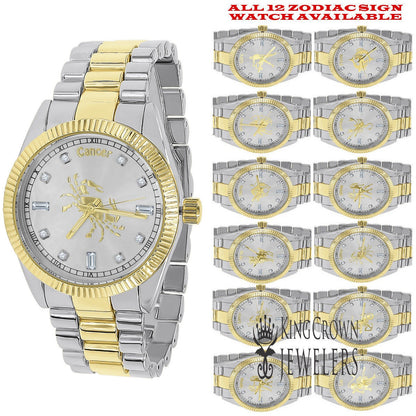 14K Gold Finish Zodiac Sign Cancer Crab Astrology Horoscope 5 ATM Water Resistant Metal Band Presidential Unisex Custom Watch 40mm
