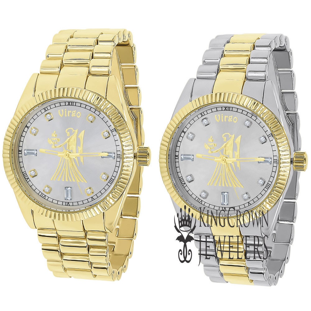 14K Gold Finish Zodiac Sign Virgo Maiden Astrology Horoscope 5 ATM Water Resistant Metal Band Presidential Unisex Custom Watch 40mm