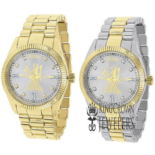 14K Gold Finish Zodiac Sign Virgo Maiden Astrology Horoscope 5 ATM Water Resistant Metal Band Presidential Unisex Custom Watch 40mm