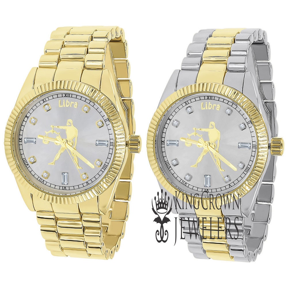 14K Gold Finish Zodiac Sign Libra Scales Astrology Horoscope 5 ATM Water Resistant Metal Band Presidential Unisex Custom Watch 40mm