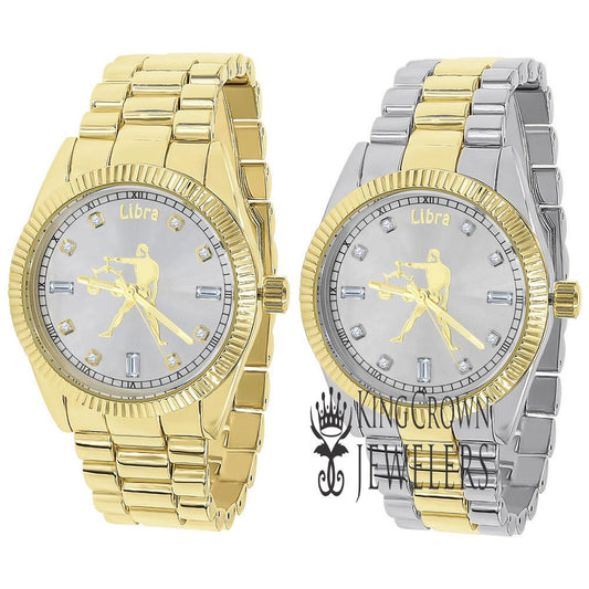 14K Gold Finish Zodiac Sign Libra Scales Astrology Horoscope 5 ATM Water Resistant Metal Band Presidential Unisex Custom Watch 40mm