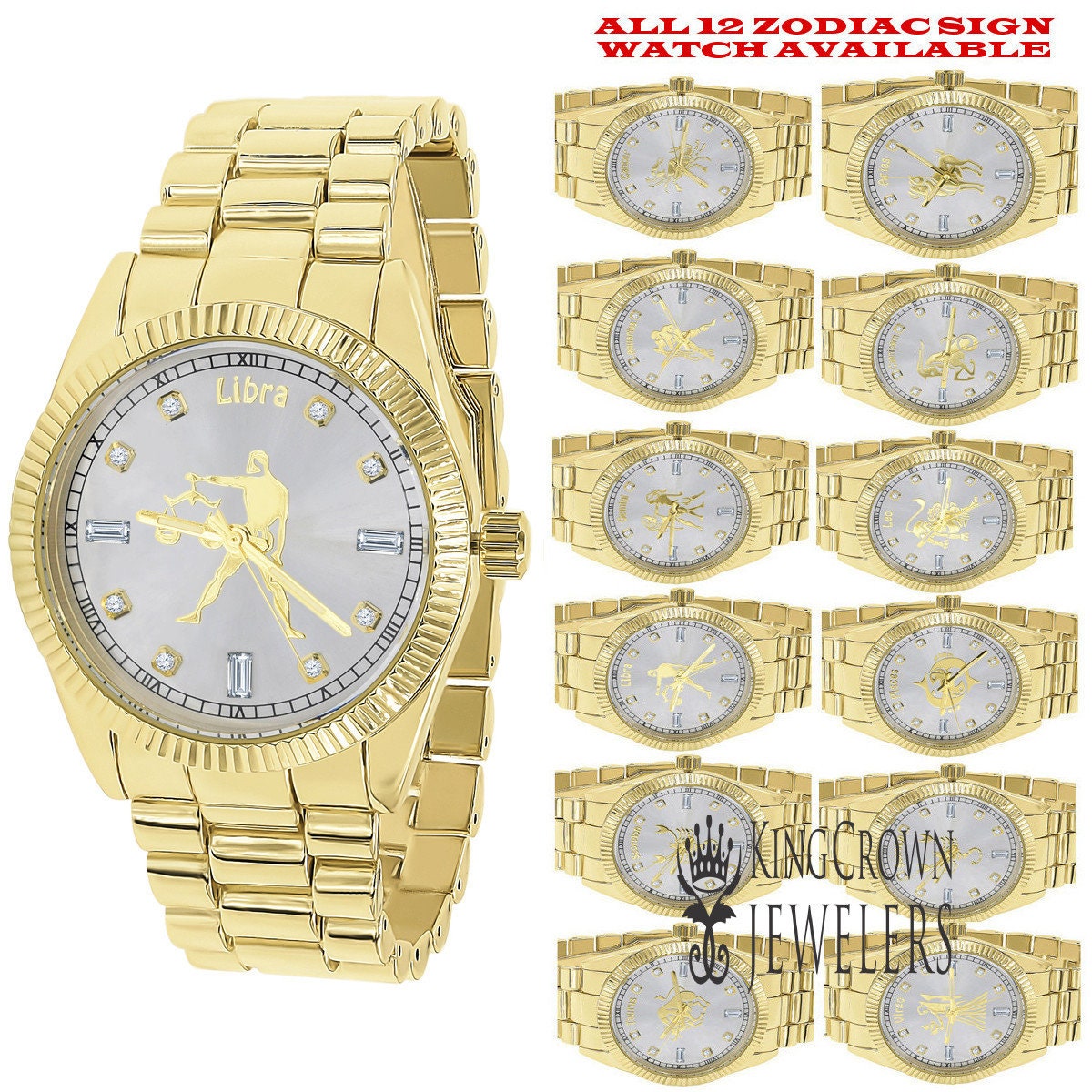 14K Gold Finish Zodiac Sign Libra Scales Astrology Horoscope 5 ATM Water Resistant Metal Band Presidential Unisex Custom Watch 40mm