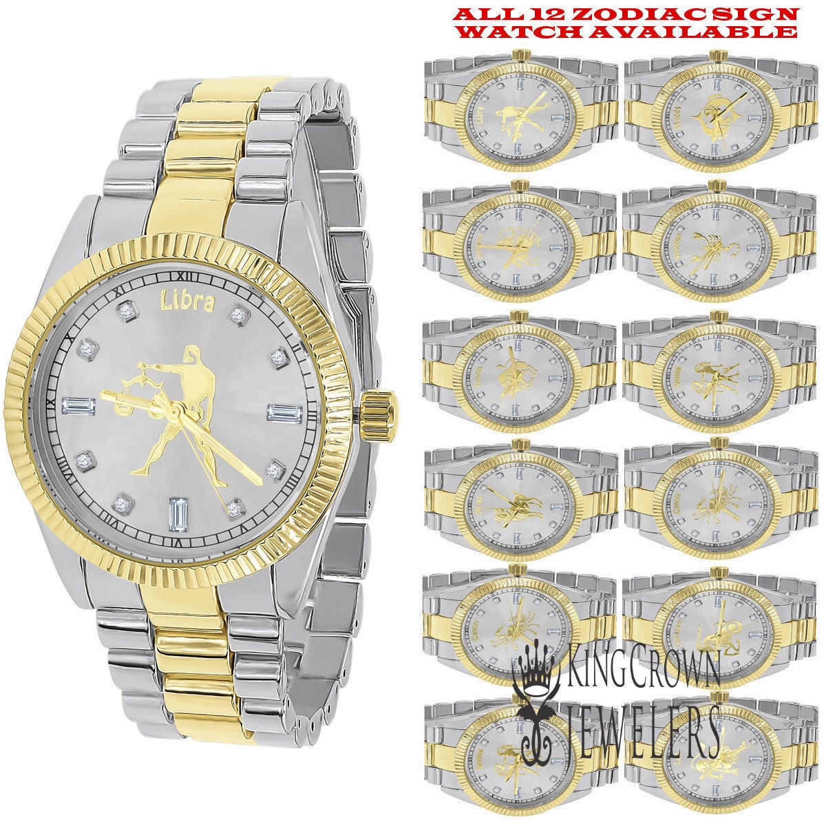 14K Gold Finish Zodiac Sign Libra Scales Astrology Horoscope 5 ATM Water Resistant Metal Band Presidential Unisex Custom Watch 40mm