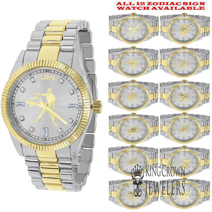 14K Gold Finish Zodiac Sign Libra Scales Astrology Horoscope 5 ATM Water Resistant Metal Band Presidential Unisex Custom Watch 40mm