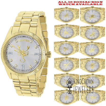 14K Gold Finish Zodiac Sign Scorpio Scorpion Astrology Horoscope 5 ATM Water Resistant Metal Band Presidential Unisex Custom Watch 40mm