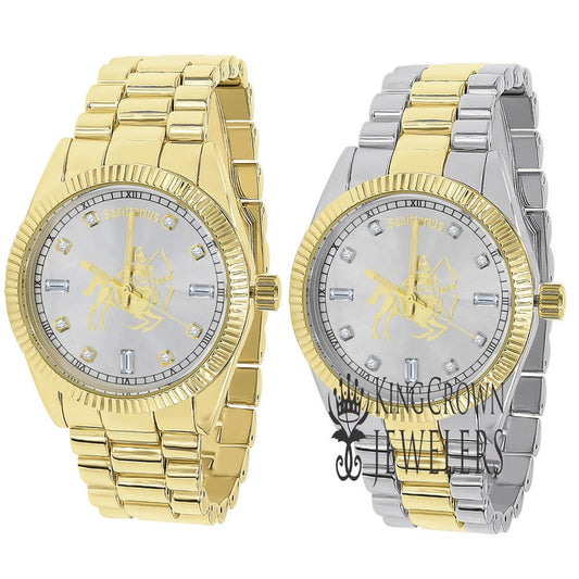 14K Gold Finish Zodiac Sign Sagittarius Archer Astrology Horoscope 5 ATM Water Resistant Metal Band Presidential Unisex Custom Watch 40mm