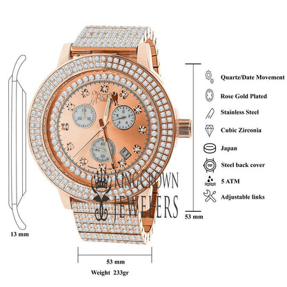 Full Solid Stainless Steel 18K Rose Gold Finish Simulated Diamond 5 ATM Water Resistant Men's Custom Watch With Date Function Big 54mm