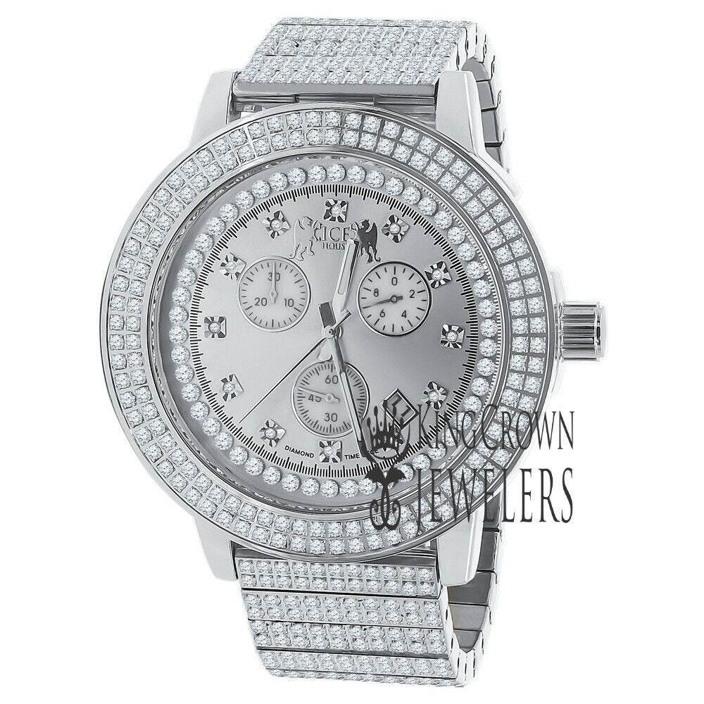 Full Solid Stainless Steel Lemonade 18K White Gold Finish Simulated Diamond 5 ATM Water Resistant Men's Watch With Date Function Big 54 mm