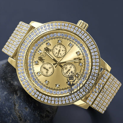 Full Solid Stainless Steel Lemonade 18K Gold Yellow Finish Simulated Diamond 5 ATM Water Resistant Men's Watch With Date Function Big 54 MM