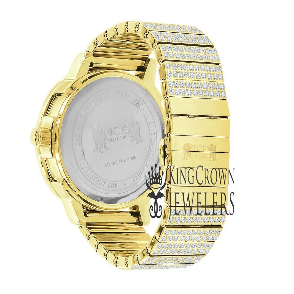 Full Solid Stainless Steel Lemonade 18K Gold Yellow Finish Simulated Diamond 5 ATM Water Resistant Men's Watch With Date Function Big 54 MM