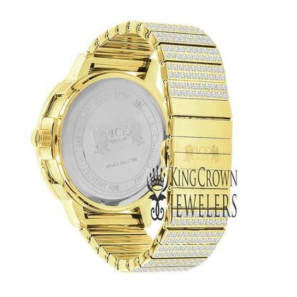 Full Solid Stainless Steel Lemonade 18K Gold Yellow Finish Simulated Diamond 5 ATM Water Resistant Men's Watch With Date Function Big 54 MM