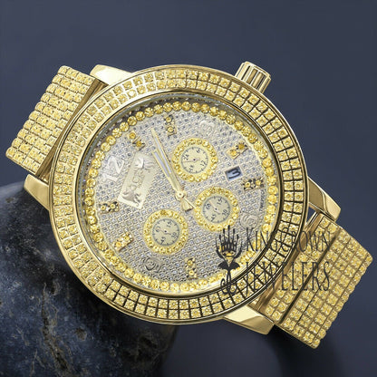 Men's Full Solid Stainless Steel Lemonade Canary Citrine 18K Gold Finish Simulated Diamond 5 ATM Water Resistant Watch With Date Function