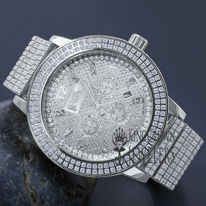 Full Solid Stainless Steel 18K White Gold Finish Simulated Diamond 5 ATM Water Resistant Men's Luxury Watch With Date Function Big 54 mm