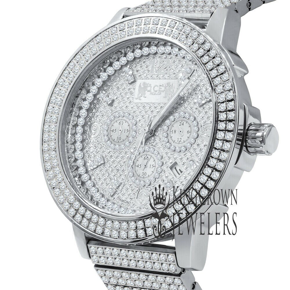 Full Solid Stainless Steel 18K White Gold Finish Simulated Diamond 5 ATM Water Resistant Men's Luxury Watch With Date Function Big 54 mm