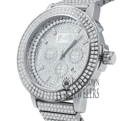 Full Solid Stainless Steel 18K White Gold Finish Simulated Diamond 5 ATM Water Resistant Men's Luxury Watch With Date Function Big 54 mm