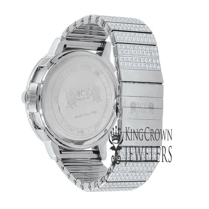 Full Solid Stainless Steel 18K White Gold Finish Simulated Diamond 5 ATM Water Resistant Men's Luxury Watch With Date Function Big 54 mm