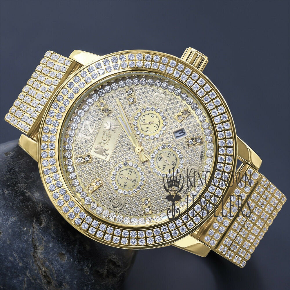 Full Solid Stainless Steel 18K Yellow  Gold Finish Simulated Diamond 5 ATM Water Resistant Men's Luxury Watch With Date Function Big 54 mm
