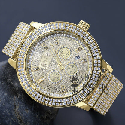 Full Solid Stainless Steel 18K Yellow  Gold Finish Simulated Diamond 5 ATM Water Resistant Men's Luxury Watch With Date Function Big 54 mm