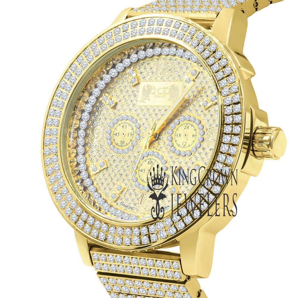 Full Solid Stainless Steel 18K Yellow  Gold Finish Simulated Diamond 5 ATM Water Resistant Men's Luxury Watch With Date Function Big 54 mm