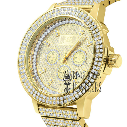 Full Solid Stainless Steel 18K Yellow  Gold Finish Simulated Diamond 5 ATM Water Resistant Men's Luxury Watch With Date Function Big 54 mm