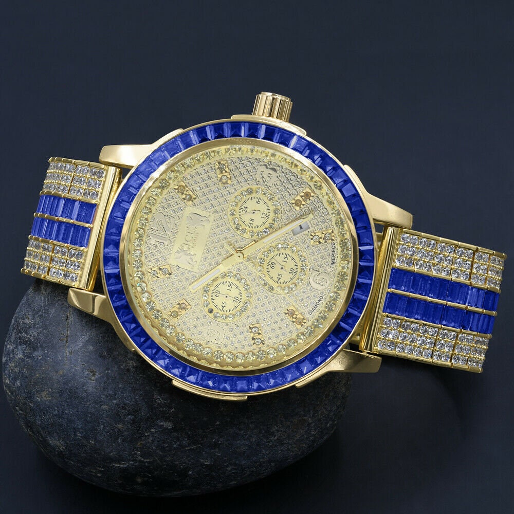 Real Diamond Dial Stainless Steel Baguette Bezel Sapphire Blue Gold Tone Mens Watch W/Date