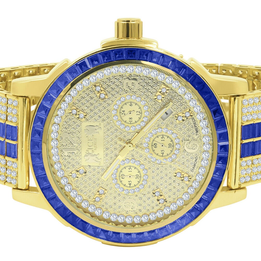 Real Diamond Dial Stainless Steel Baguette Bezel Sapphire Blue Gold Tone Mens Watch W/Date
