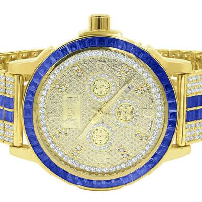 Real Diamond Dial Stainless Steel Baguette Bezel Sapphire Blue Gold Tone Mens Watch W/Date