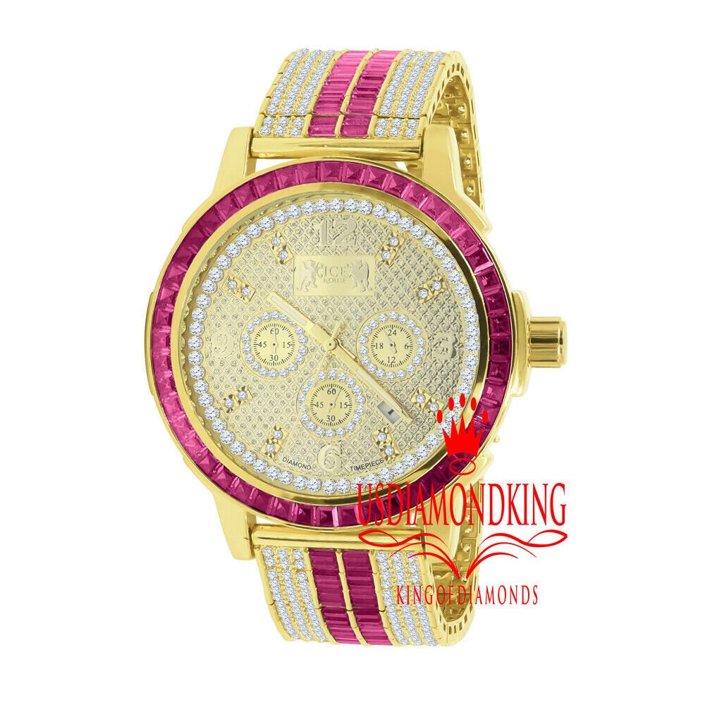 Mens Genuine Diamond Dial Stainless Steel Pink Face Custom Bezel Gold Tone Adjustable Band Watch W/Date