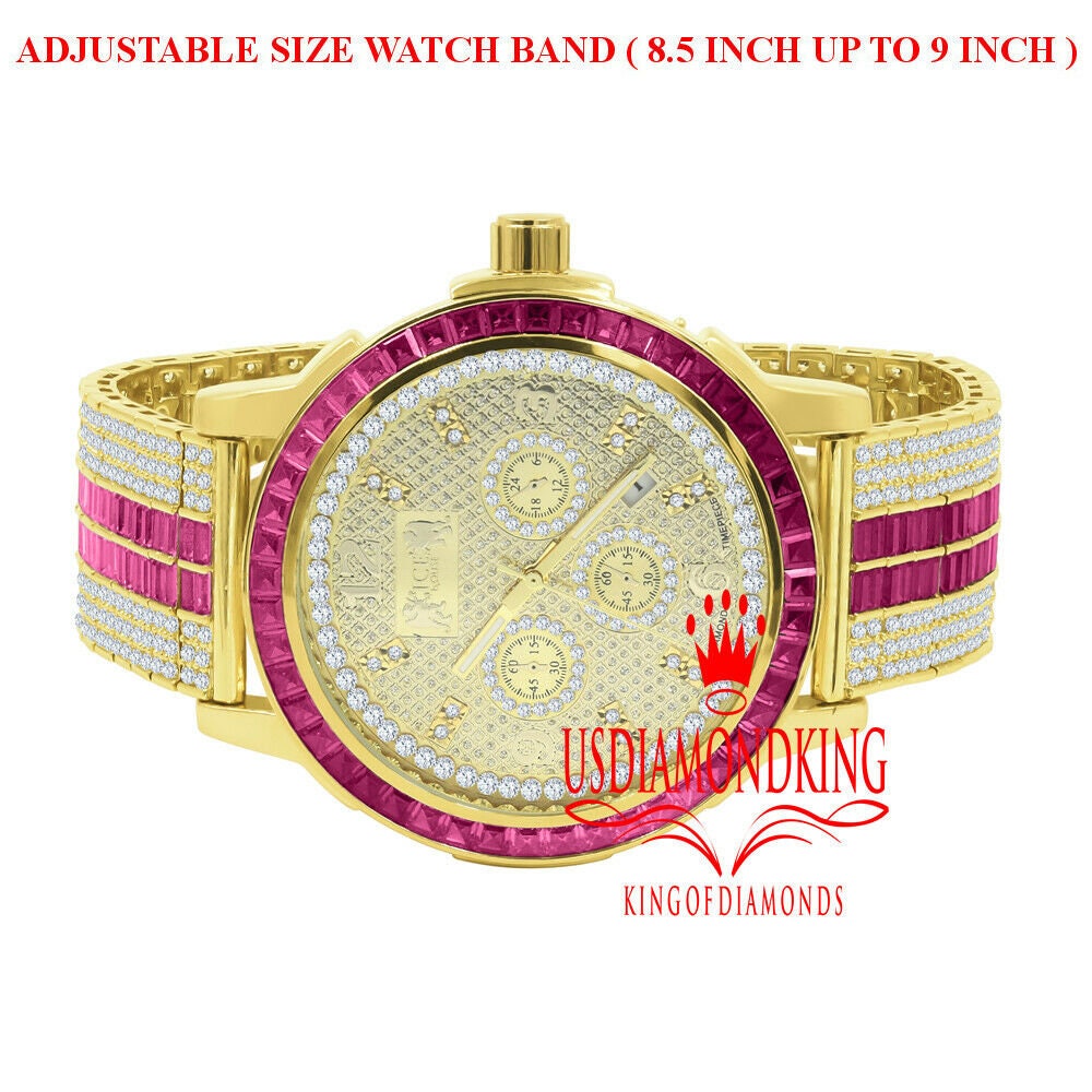 Mens Genuine Diamond Dial Stainless Steel Pink Face Custom Bezel Gold Tone Adjustable Band Watch W/Date