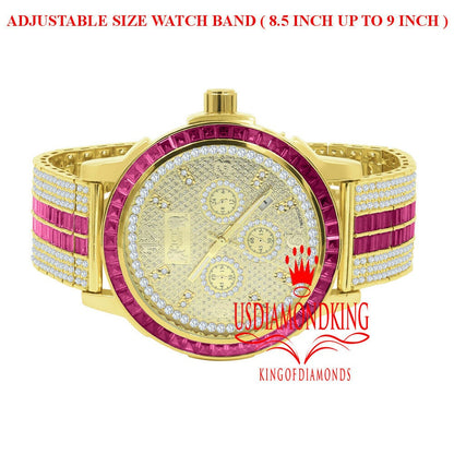 Mens Genuine Diamond Dial Stainless Steel Pink Face Custom Bezel Gold Tone Adjustable Band Watch W/Date