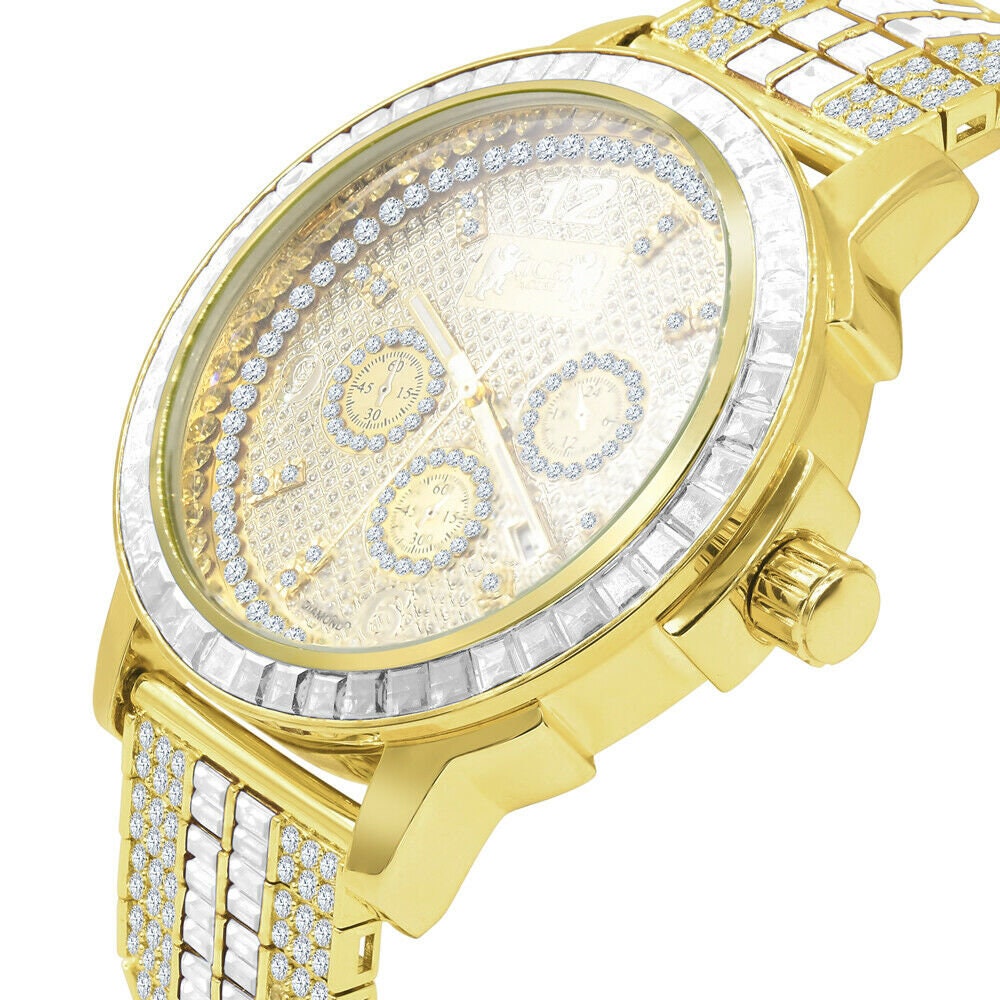 Adjustable Band Mens 18K Yellow Gold Finish Solid Steel Bezel Custom Band Watch W/Date Function