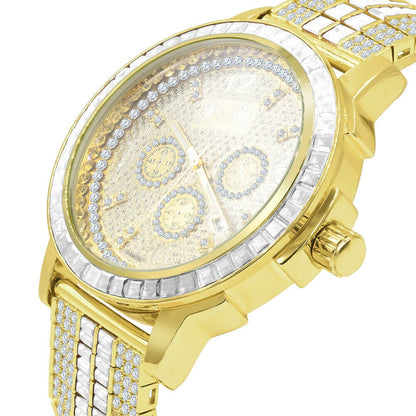 Adjustable Band Mens 18K Yellow Gold Finish Solid Steel Bezel Custom Band Watch W/Date Function