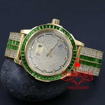 Mens Custom Watch Emerald Green Solid Stainless Steel Baguette Cut Solitaire Bezel Gold Tone Diamond Dial