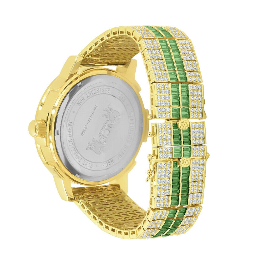 Mens Custom Watch Emerald Green Solid Stainless Steel Baguette Cut Solitaire Bezel Gold Tone Diamond Dial