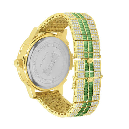 Mens Custom Watch Emerald Green Solid Stainless Steel Baguette Cut Solitaire Bezel Gold Tone Diamond Dial