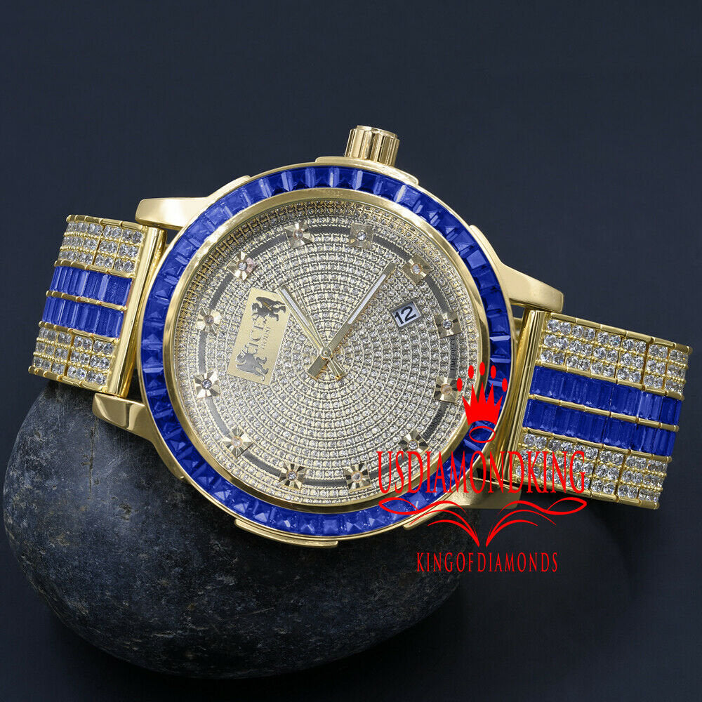 Adjustable Custom Band Real Diamond Dial Stainless Steel Baguette Bezel Sapphire Blue Gold Tone Mens Watch W/Date