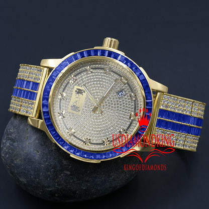 Adjustable Custom Band Real Diamond Dial Stainless Steel Baguette Bezel Sapphire Blue Gold Tone Mens Watch W/Date