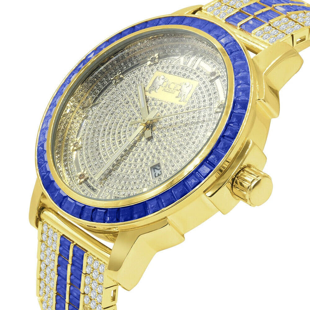 Adjustable Custom Band Real Diamond Dial Stainless Steel Baguette Bezel Sapphire Blue Gold Tone Mens Watch W/Date
