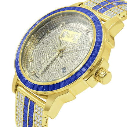 Adjustable Custom Band Real Diamond Dial Stainless Steel Baguette Bezel Sapphire Blue Gold Tone Mens Watch W/Date