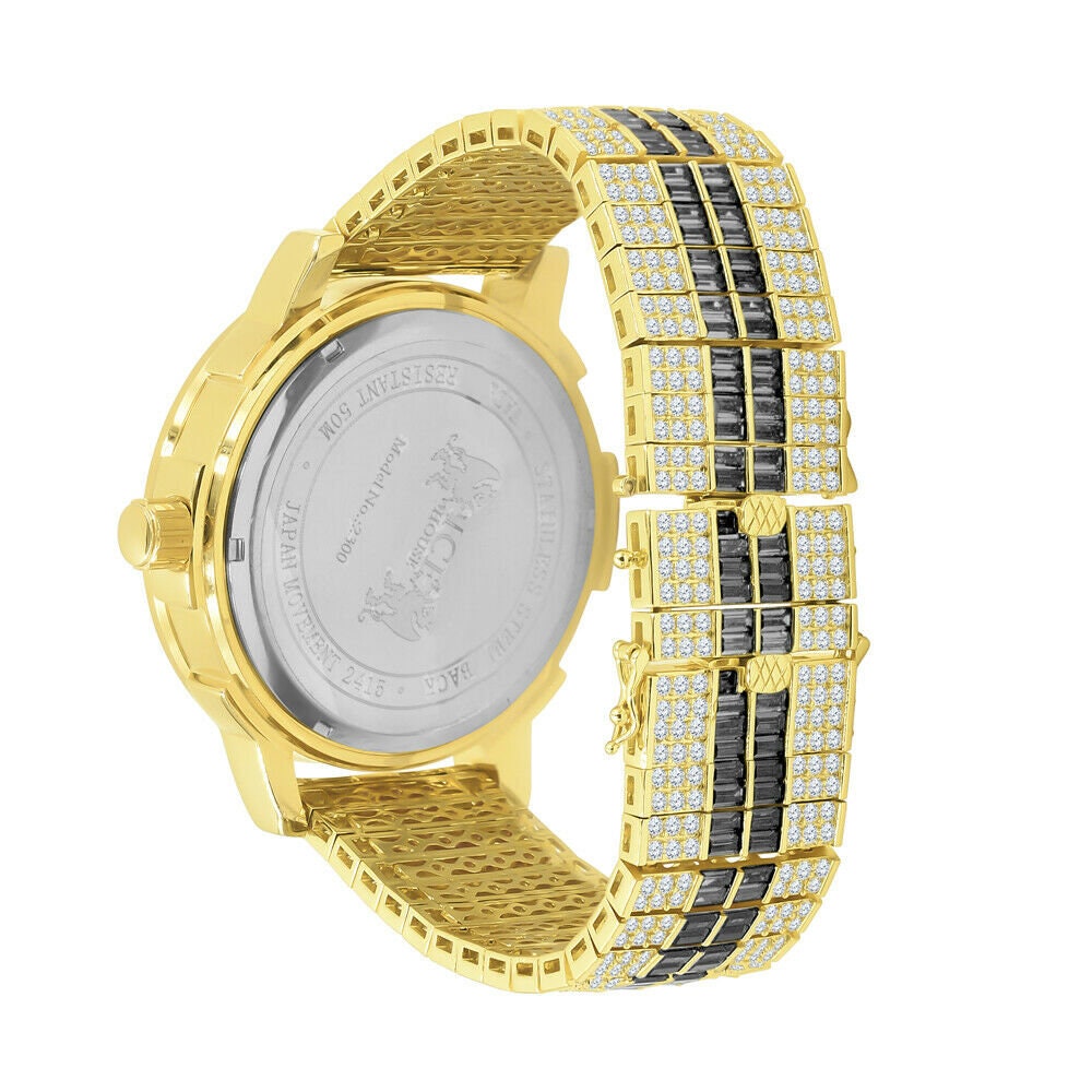 Mens Black Onyx Real Diamond Dial Solid Steel Custom Bezel Band Gold Tone Watch