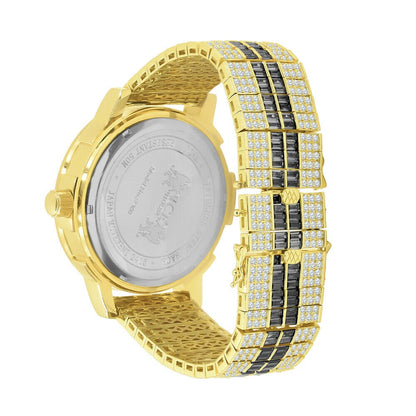 Mens Black Onyx Real Diamond Dial Solid Steel Custom Bezel Band Gold Tone Watch